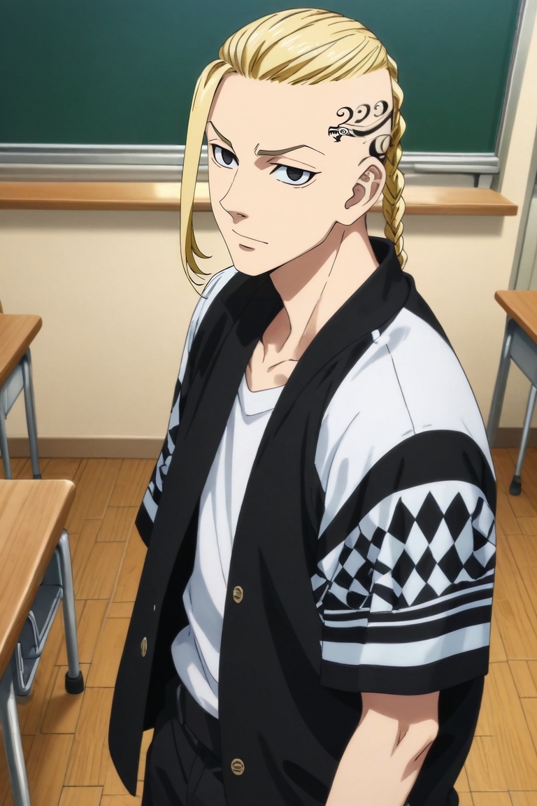 score_9, score_8_up, score_7_up, source_anime, rating_safe, , (realistic:0.6), looking at viewer, , 1boy, solo, male focus, <lora:ken_ryuuguuji_pony:1>, ken_ryuuguuji, blonde hair, black eyes, braid, single braid, braided ponytail, tattoo, long hair, from above, classroom, day, clouds, knees together feet apart, sparkling eyes, , <lora:sdxl_lightning_8step_lora:1>