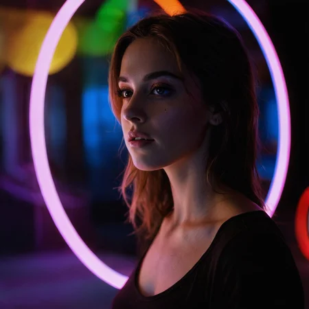 woman, circle, neon reflections, strange, colorful, beautiful, intense artificial light