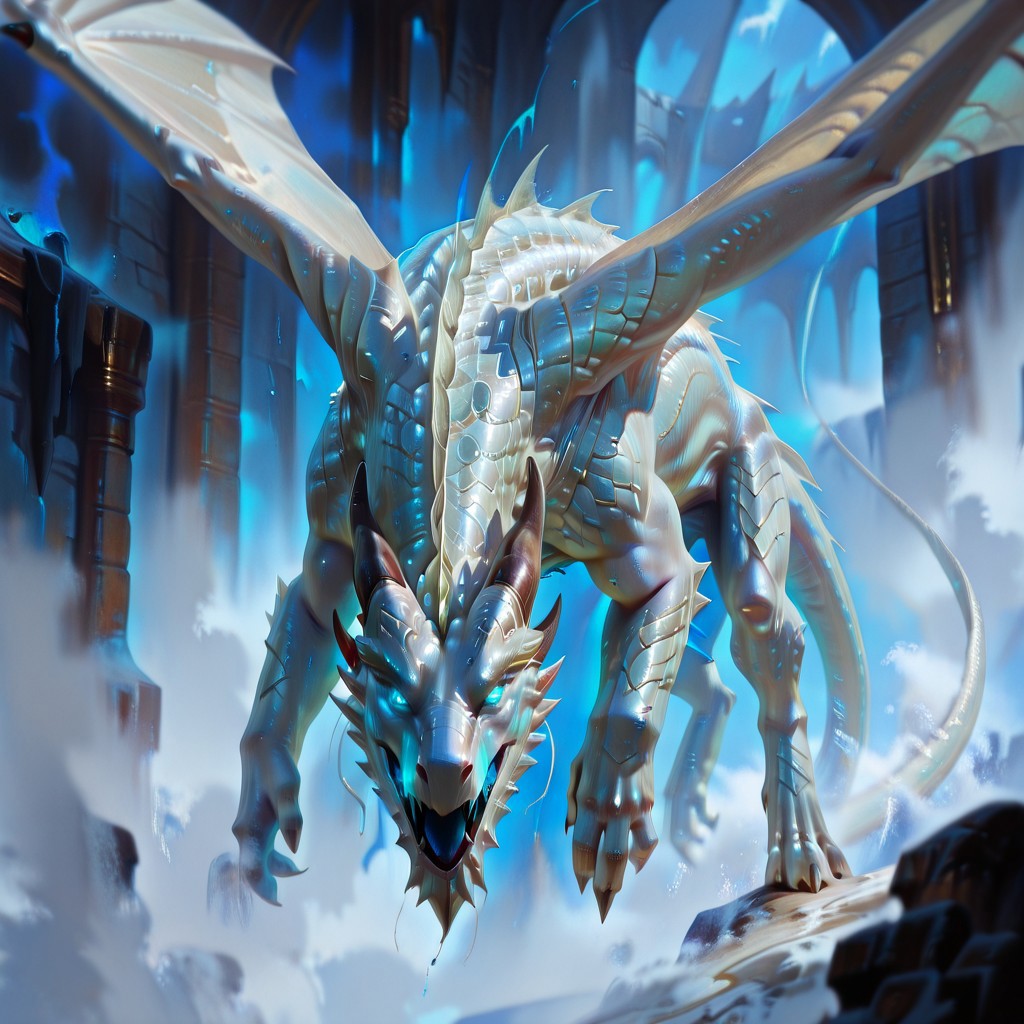 masterpiece, best quality, newest, absurdres, highres, DFOP-V2.5, oil painting, realistic, no humans, monster, dragon, scales, wings, white dragon, white scales, blue eyes, glowing eyes,