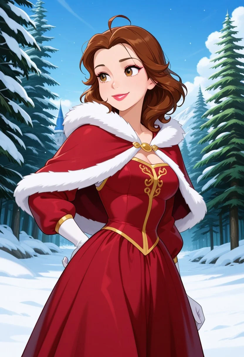 masterpiece, best quality, amazing quality, very aesthetic, absurdres, newest, detailed background, cowboy shot, 4k, 8k,
bellexd, 1girl, solo, brown hair, gloves, brown eyes, dress, medium hair, lipstick, white gloves, makeup, capelet, red dress, ahoge, messy hair, smile, fur trim, snow, forest, castle
<lora:Bella:1>