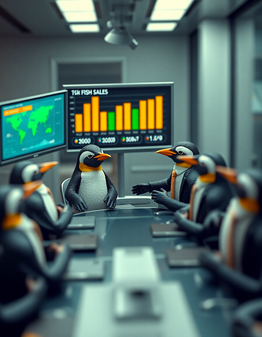 Tilt-shift photo of isometric style A serious business meeting in a high-tech conference room, but all the executives are penguins in tiny suits, one penguin at the head of the table adjusting its tie while another points at a chart with a flipper, the presentation screen showing a graph of skyrocketing fish sales, everyone around the table nodding seriously, ultra-realistic, 8k resolution, highly detailed, absurd and hilarious . vibrant, beautiful, crisp, detailed, ultra detailed, intricate . Selective focus, miniature effect, blurred background, highly detailed, vibrant, perspective control