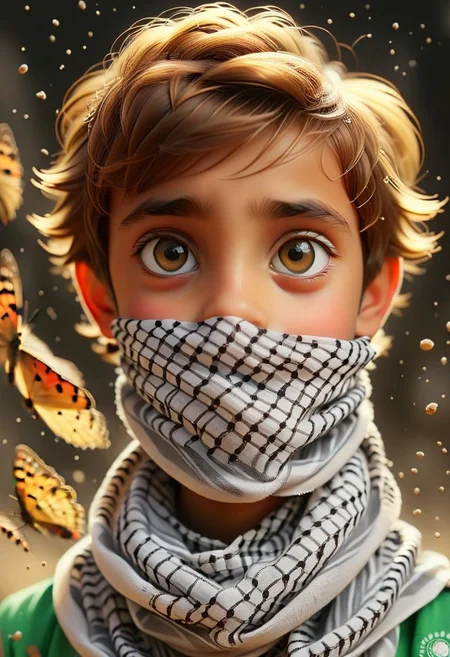 3d Animation film style big eyes and head Boy Masked Palestine keffiyeh so keffiyeh ortrait friendship., particle volumetric dust <lora:STYLIZARD_v1:1.2> sharp focus, macro, micro, Chestnut Copper ambient, sub surface scattering, glow standing in Flutterfly Dreams - A young butterfly with big dreams sets off on a transformative adventure., particle volumetric dust <lora:STYLIZARD_v1:1.2> sharp focus, macro, micro, Bisque Gold ambient, sub surface scattering, glow