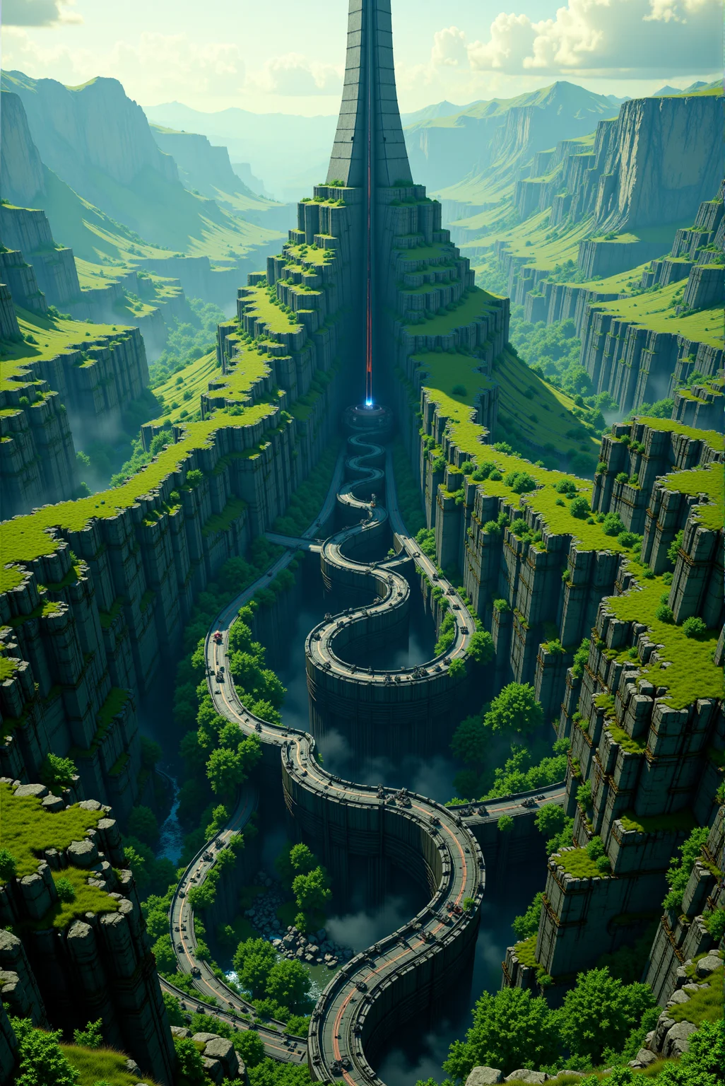 <lora:Legacy_of_the_forerunners_r1:0.7>
A smooth, black serpentine causeway spirals upward through a lush, mountainous landscape, terminating at an impossibly tall spire piercing the cloudline like a needle into the heavens. Waterfalls tumble on either side of the elevated terrain, carving canyons around the base of the structure. The spireâs reflective surface warps the surrounding light, shimmering in a way that reveals no seams or surface detail. The pathway seems ceremonial yet incomprehensibly largeâscaled for something no longer present. Visual style: epic high-fidelity naturalism with monumental alien minimalism, using vibrant green-blues contrasted by deep graphite. Camera: aerial oblique view emphasizing harmony between landform and architectural spiral.