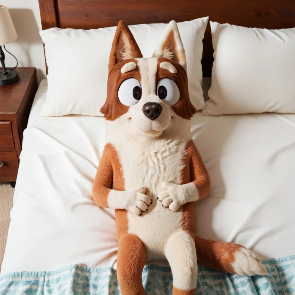 score_9, score_8_up, score_7_up, score_6_up, score_5_up, score_4_up, masterpiece, high quality, realistic, detailed, best quality, white bed, solo, rating_safe, source_furry, bedroom, smiling, seductive, looking at viewer, good_hands, detailed eyes, lying on back, brandy_bluey, dog, canine, brown fur, white fur, two-toned fur, white left ear, tail, female, 1girl, black eyes, anthro, arms covering chests