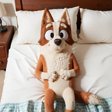 score_9, score_8_up, score_7_up, score_6_up, score_5_up, score_4_up, masterpiece, high quality, realistic, detailed, best quality, white bed, solo, rating_safe, source_furry, bedroom, smiling, seductive, looking at viewer, good_hands, detailed eyes, lying on back, brandy_bluey, dog, canine, brown fur, white fur, two-toned fur, white left ear, tail, female, 1girl, black eyes, anthro, arms covering chests