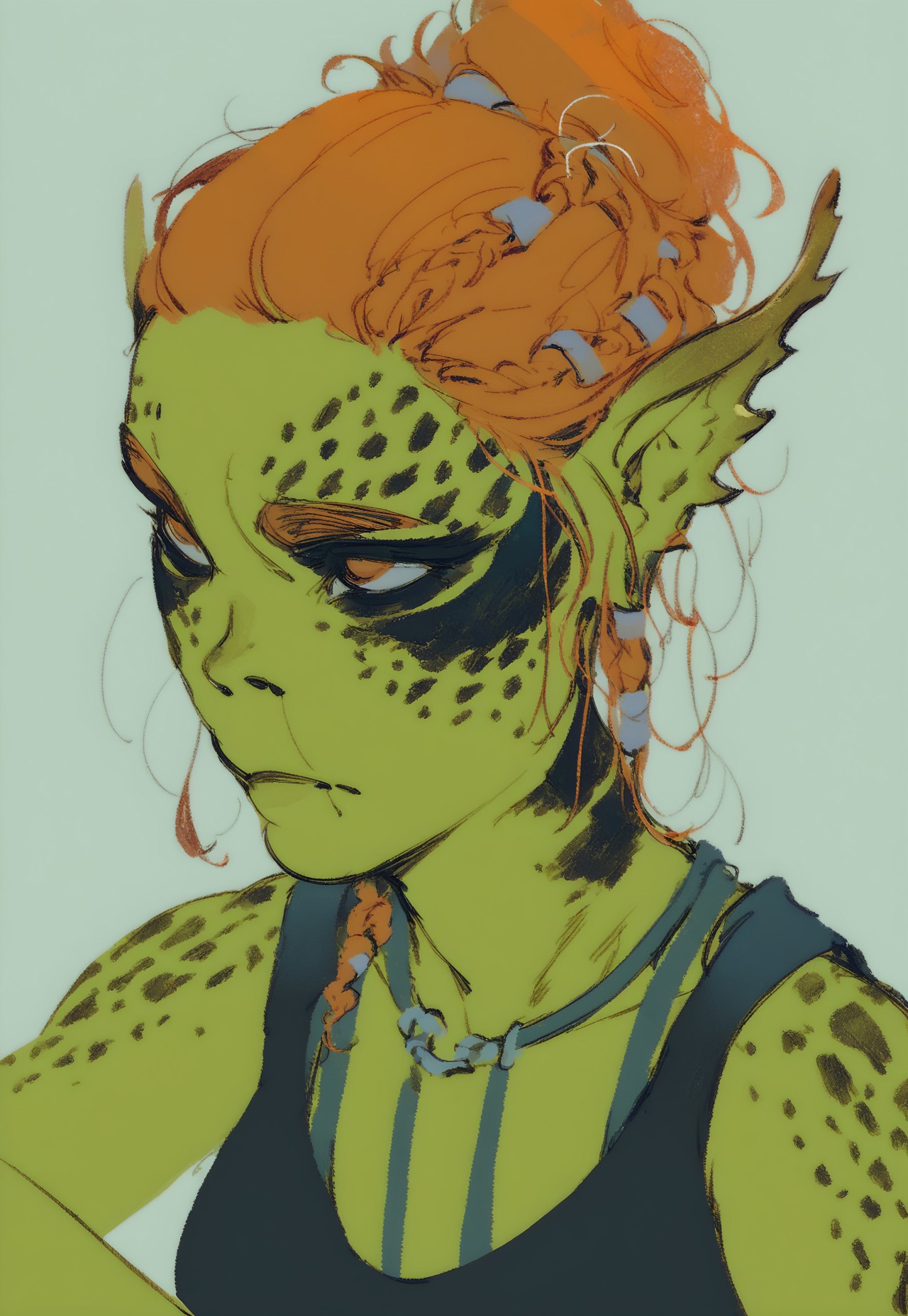 score_9, score_8_up, score_7_up, score_6_up, flat color, no lineart, bg3laezel, 1girl, solo, green skin, orange hair, face tattoos