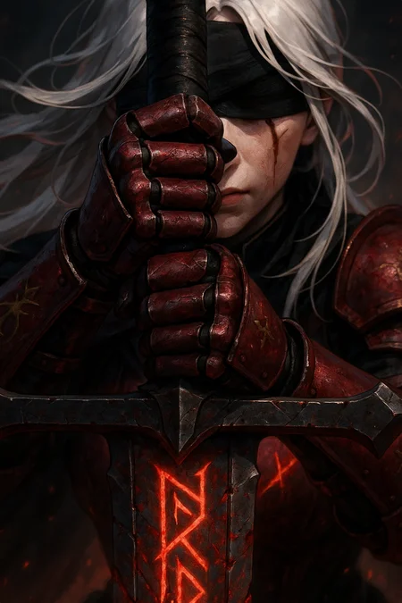 Female knight, Yvendre, intense close-up, red battle armor with black underlayer, vertical facial scar, white hair, gripping sword hilt with both hands, solemn expression, dramatic shadows, cinematic lighting, painterly texture, dark background, masterpiece, 4k, high detail, depth of field