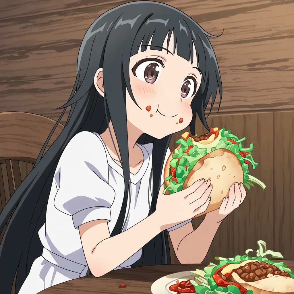 <lora:Yui SAO v-pred:1> 5w0rd, yui (sao) ,            white dress, sitting, table, eating, holding, taco, food on face, happy, from side,                            ,masterpiece, best quality,  very aesthetic