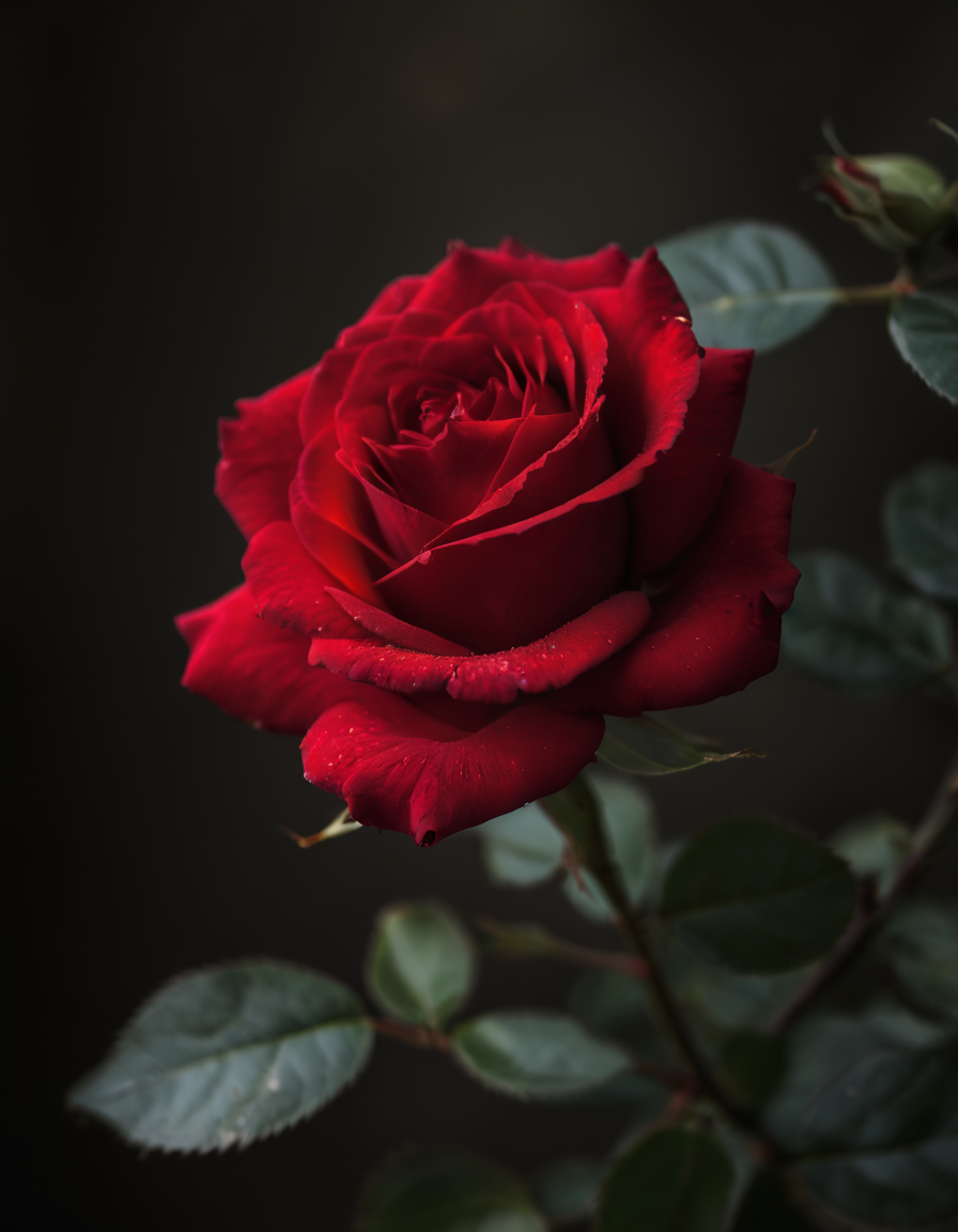 A photo of a (vivid red rose:1.2), cinematic composition, (exceptional lighting:1.1), chiaroscuro effect, deep contrasts between light and shadow, highlighting delicate petals, intricate texture, symbol of passion and beauty, high-resolution, Canon EOS R5, 1/250s, f/2.8, ISO 100, artistic palette, RAW capture, emotional resonance, visual poetry,
