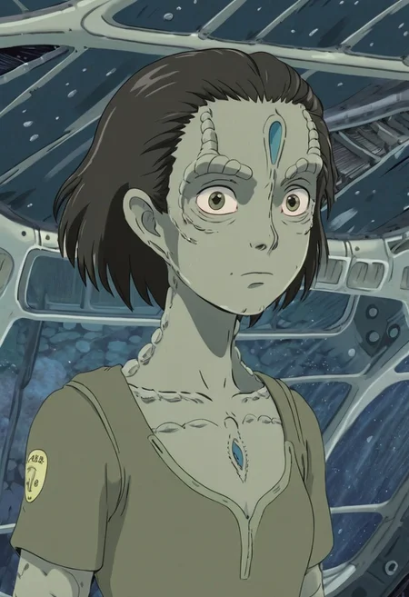 Studio Ghibli Style anime scene of an 18 year old female c4rd45514n alien, forehead crest, ridges, scales, grey skin, space station background, cleavage