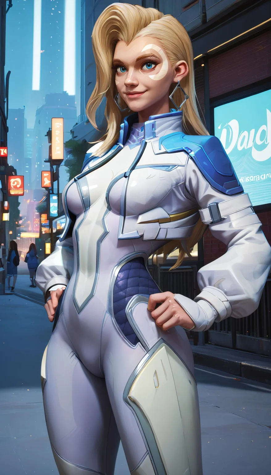 zPDXL3, <lora:OtherStyle_08:.8>, <lora:DaggerMR:.8>,
dggrmr, woman, blue eyes,facial mark,single earring,long blonde hair, medium breasts, white bodysuit,cropped jacket,long sleeves, looking at viewer, smiling, standing, hands on hips, outside, city, street, night time, neon lighting,