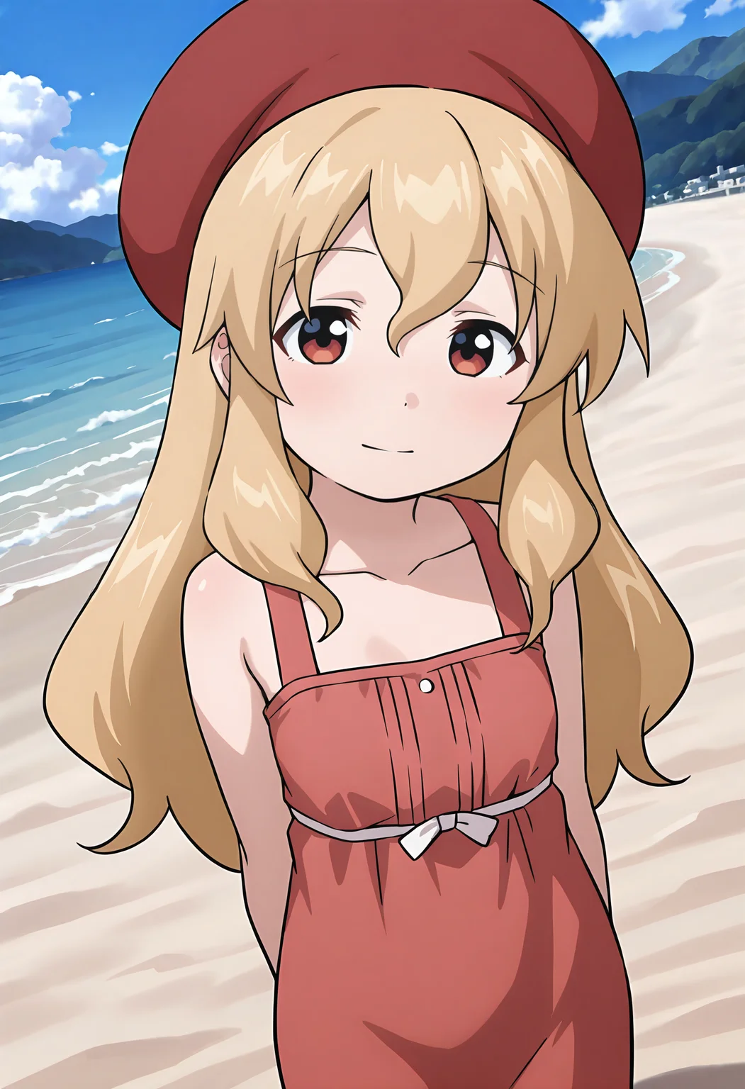 best quality, amazing quality, perfect quality, high quality, masterpiece, absolutely eye-catching BREAK
<lora:Ika_Musume_-_Kozue_Tanabe:1> IkaKozue, red eyes, blonde hair, long hair, long sidelocks, double-parted bangs BREAK
red beret, red sundress, long dress, bare shoulders BREAK
outdoors, beach, ocean, blue sky, mountainous horizon BREAK
1girl, solo, outdoors, dutch angle, from above, cowboy shot, looking at viewer