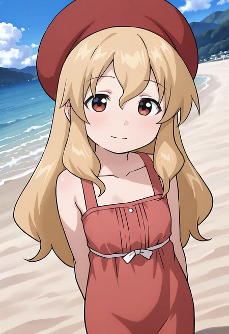 best quality, amazing quality, perfect quality, high quality, masterpiece, absolutely eye-catching BREAK
<lora:Ika_Musume_-_Kozue_Tanabe:1> IkaKozue, red eyes, blonde hair, long hair, long sidelocks, double-parted bangs BREAK
red beret, red sundress, long dress, bare shoulders BREAK
outdoors, beach, ocean, blue sky, mountainous horizon BREAK
1girl, solo, outdoors, dutch angle, from above, cowboy shot, looking at viewer