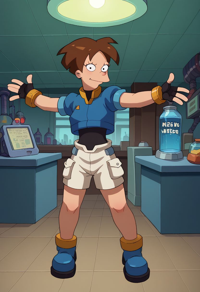 score_9, score_8_up, score_7_up, english text, 1girl, small breasts, brown hair, short hair,  circle eyes, dot pupil, overbite, robot ears, black bodysuit, fingerless gloves, blue Cropped Jacket, cropped jacket, short sleeves, bracelet, shorts, anklet, shoes, blue footgear, henshin pose, arm up, looking at viewer, legs apart, outstretched arm, standing, source_cartoon, futuramastyle, indoors, laboratory