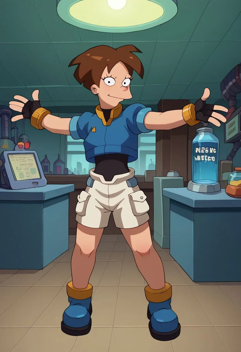 score_9, score_8_up, score_7_up, english text, 1girl, small breasts, brown hair, short hair, circle eyes, dot pupil, overbite, robot ears, black bodysuit, fingerless gloves, blue Cropped Jacket, cropped jacket, short sleeves, bracelet, shorts, anklet, shoes, blue footgear, henshin pose, arm up, looking at viewer, legs apart, outstretched arm, standing, source_cartoon, futuramastyle, indoors, laboratory