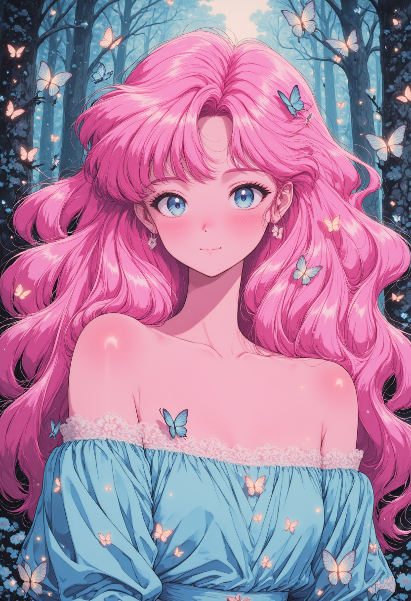 pinkretroanime, A dreamy portrait of a woman with flowing pink hair adorned with tiny glowing stars and detailed butterflies, soft blush on her cheeks, wearing a blue color dress in a whimsical forest setting