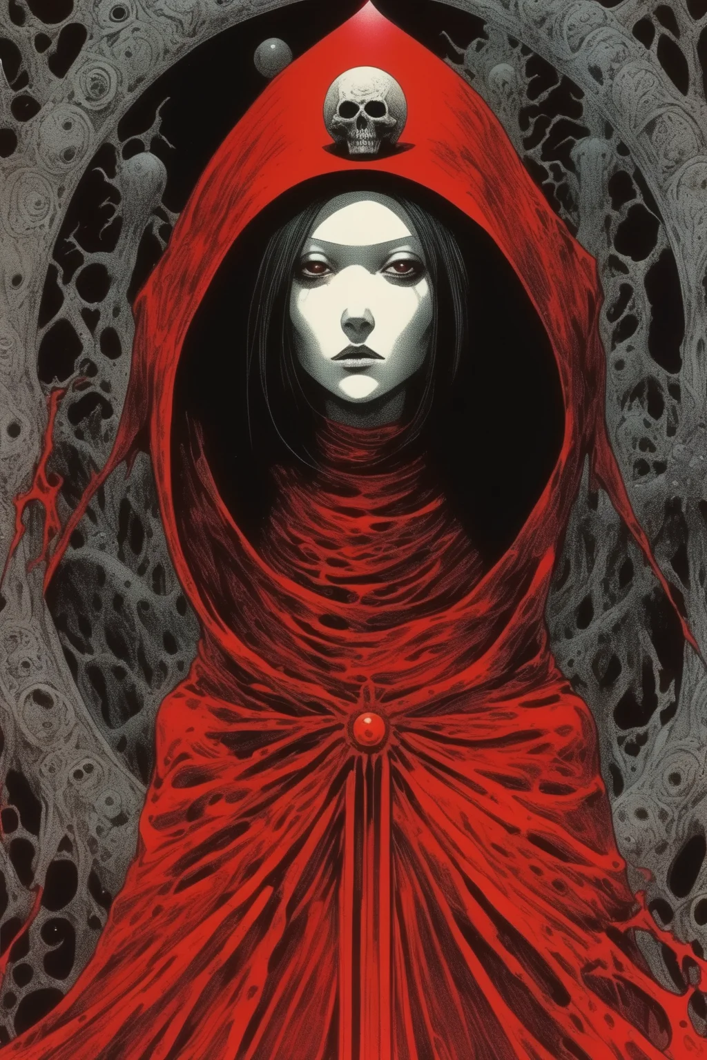 <lora:Philippe Druillet Style:1>Philippe Druillet Style - porteait the red robed priestess by, tsutomu nihei, Junji Ito. dark tones. The theme should highlight mysticism, magic, horror, mystery, witchcraft. It should fit within the frame. it should have an simple border that follows the theme.