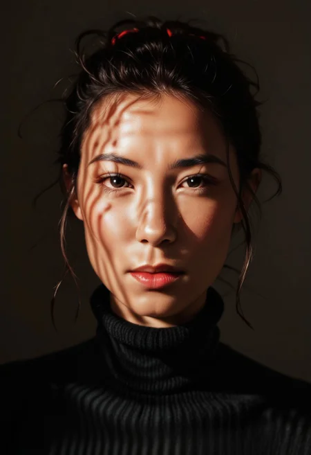 score_9, score_8_up, score_7_up, score_6_up, photorealistic, DRKDL, dramatic lighting, low key,  dark theme, spot color, shadows,
BREAK 
<('karen': ('Pretty Face'+'Manic Pixie'+'asian features'+'red lips',
'looking at viewer'+'black turtleneck'))>,