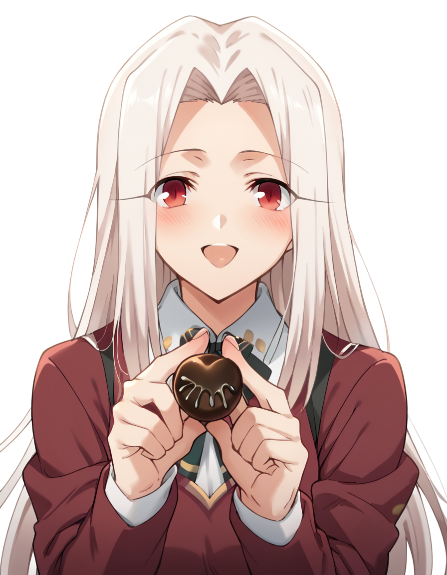 score_9, score_8_up, score_7_up, source_anime, <lora:irisviel-von-einzbern-zero-anime-ponyxl-lora-nochekaiser:1>, irisviel von einzbern, long hair, red eyes, white hair, parted bangs, hair intakes, mature female, medium breasts,, <lora:incoming-chocolate-ponyxl-lora-nochekaiser:1> incoming food, chocolate, holding, holding chocolate, holding food, food, looking at viewer, open mouth, blush, smile, school uniform,, ,