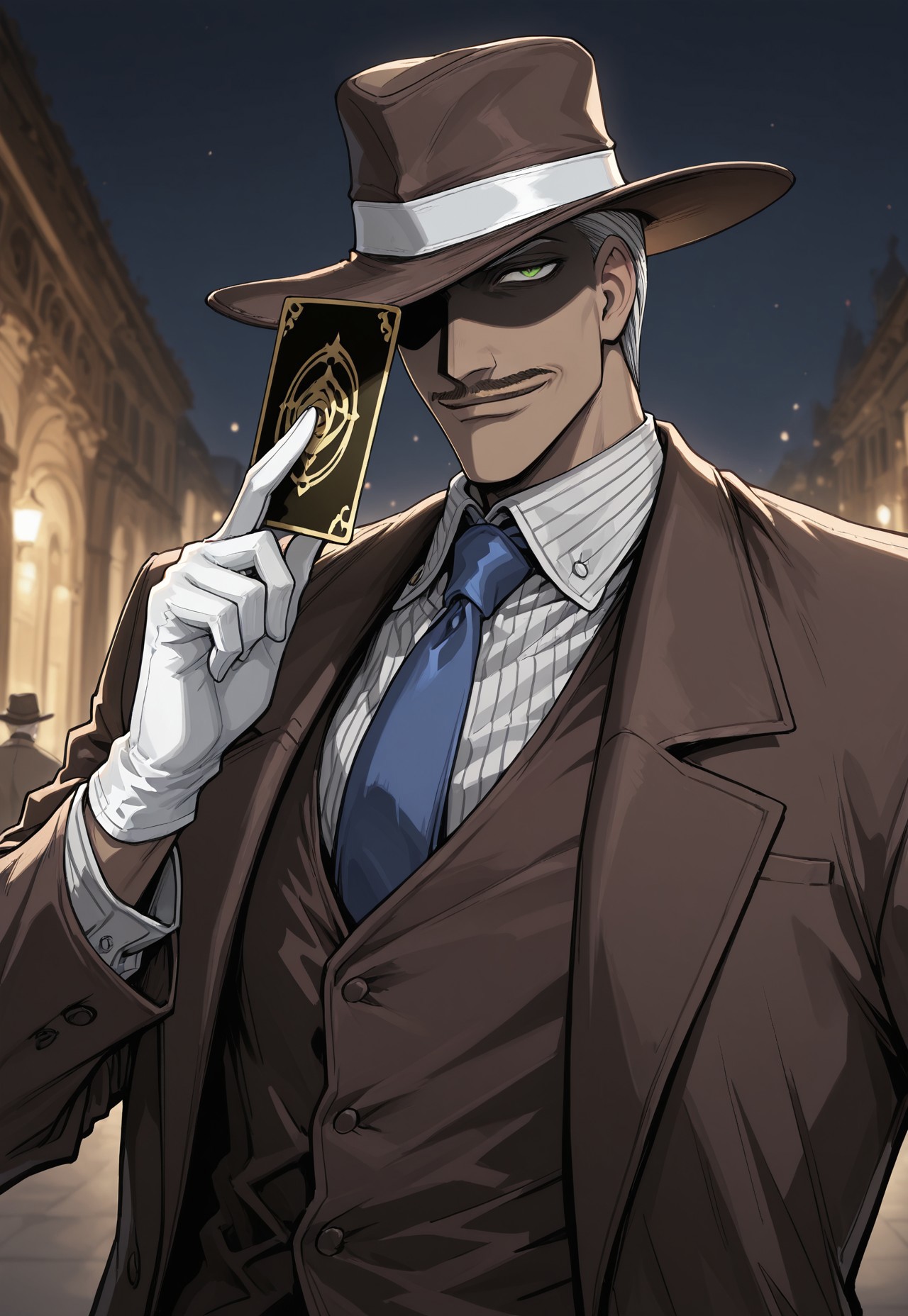 masterpiece, best quality, amazing quality, very aesthetic, absurdres, TAlhambra, 1boy, grey hair, short hair, hair slicked back, green eyes, dark skin, pencil mustache, brown fedora, brown suit jacket, white collared shirt, pinstripe shirt, blue necktie, brown vest, white gloves, smirk, hat over one eye, shaded face, holding card, hand up, night, outdoors, upper body