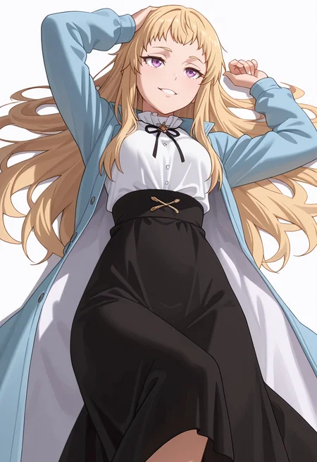Smooth Quality,masterpiece,very intricate, high quality details, ultra realistic, high detailed skin,detailed enviorement,absurdres,
simple background, white background,solo,
lying on side, one arm supporting head, relaxed legs, soft smile, casual vibe,  ,from below,grin,frown, 
baseball jacket,  ,long coat, ,high-waist skirt,  , 
<lora:Mariabell_Rosso_cnn:0.8> maricnn,1girl, long hair, blonde hair, purple eyes, frown, very long hair,