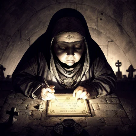 (masterpiece), a picture of an old hunchbacked woman in grey with a lantern and a child at her hand at a dark graveyard at night, view from above, a sea of graves, on every grave burns a little candle, <lora:add_detail:1> <lora:Don_Lawrence_Storm_v1:0.5>, dlstormstyle, <lora:Moebius:1>, artwork, award-winning, professional, highly detailed, fine texture, well defined, morbid, sinister, eerie, sad, heartbreaking
