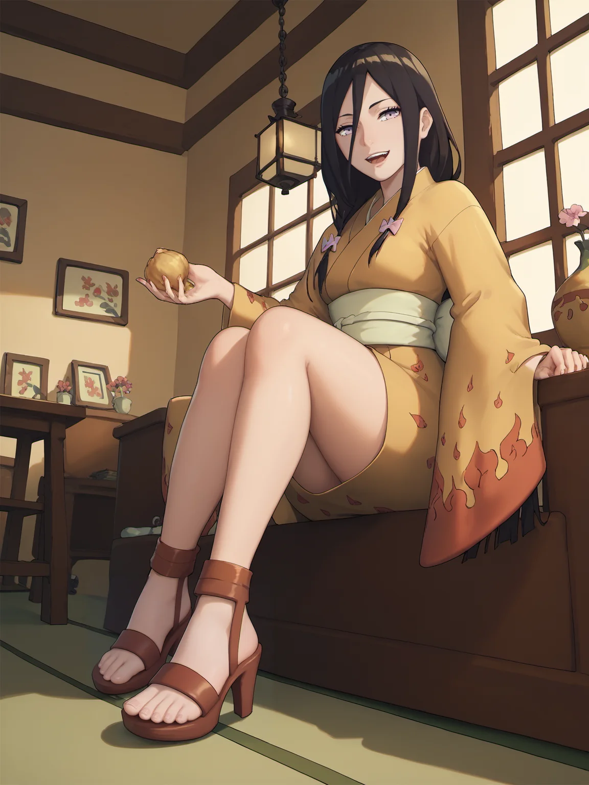erfect Hands,Perfect feet, score_9, score_8_up, score_7_up, score_6_up, score_anime,1girl,,<lora:hyuuga_hanabi2-000005:0.8>, hyuuga hanabi, full body, indoors, hyuuga hanabi's fire pattern kimono \(kimono\),high heels,sandals,looking at viewer, <lora:Smooth_Anime_2_Style_SDXL_LoRA_Pony_Diffusion_V6_XL:0.8>,<lora:Perfect Hands:0.8>