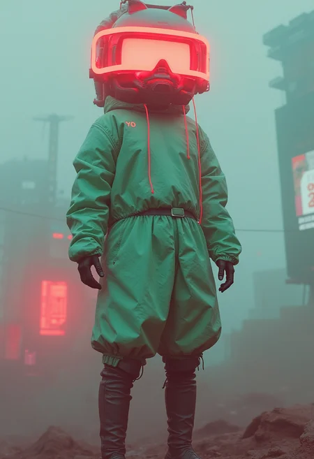 yfg-fwshn poster, glow, neon, clean, high key photo, lower thirds text "YFG FWSHN", Create an ultra-realistic, ultra-HD, 4K digital art image of a cute solarpunk robot in the 'Stadium of Dreams' setting, inspired by Muqi, Peter Mohrbacher, and Hajime Sorayama. The robot should be depicted in a full-body view with fluffy anime thigh-long boots and green clothes, wearing big goggles over her head. Implement a low camera angle, komorebi lighting, and volumetric effects using Unreal Engine 5 and path tracing. Incorporate complementary colors and ensure a high level of detail. The output should be in the style of fusion anime and resemble a trending image on Artstation or DeviantArt.