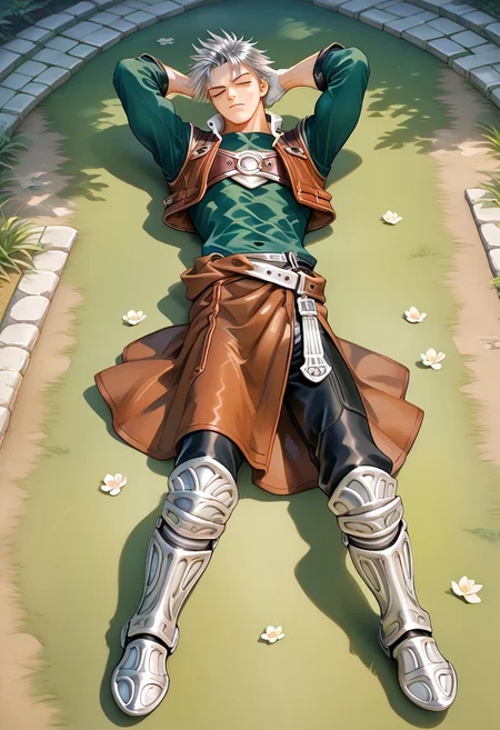 score_9, score_8_up, score_7_up, ohr_cn, traditional media, watercolor (medium), male focus, toned male, natgra2, toned male, slim figure, tall, gray eyes, short hair, silver hair, steel greaves, plated footwear, brown skirt, black pants, green shirt, brown leather vest, silver belts, white gloves, silver chest plate, lying down, grassland, hands behind head, full body view, overhead view, eyes closed,