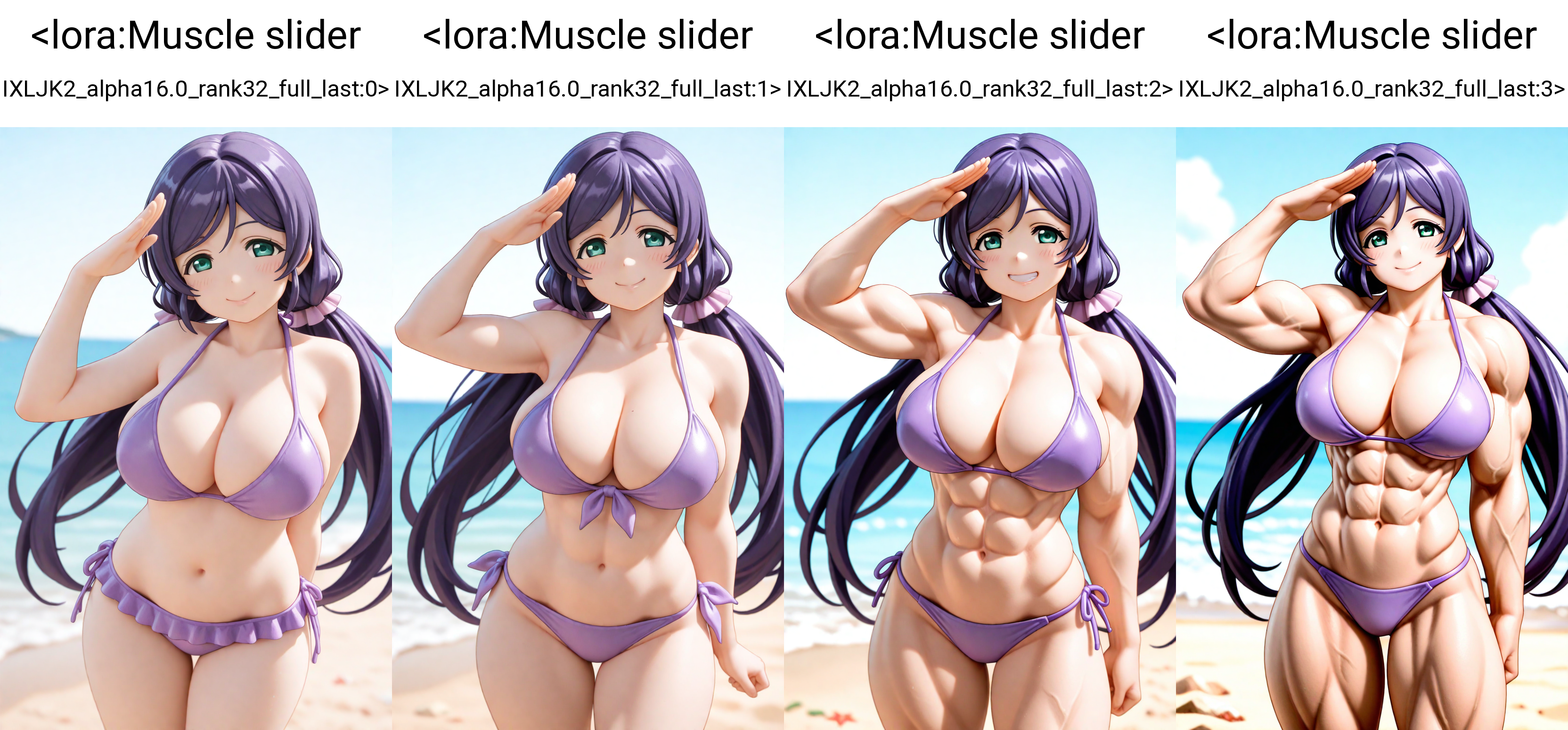 masterpiece, best quality,  tojo nozomi, bikini, beach, salute, smile,   <lora:Muscle slider IXLJK2_alpha16.0_rank32_full_last:0>