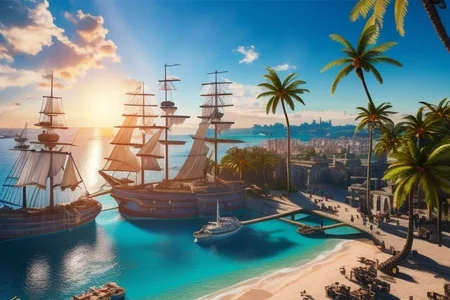 (masterpiece:1.2), (best quality,:1.2), 8k, HDR, ultra detailed, ((photorealistic)), A landscape view of a a city by the sea in the afternoon. Pirate ships docked unloading cargo, waving palm trees. afternoon sun, blue sky, calm sea, no people, professional light, cinematic lighting, ambient lighting, sunset,
