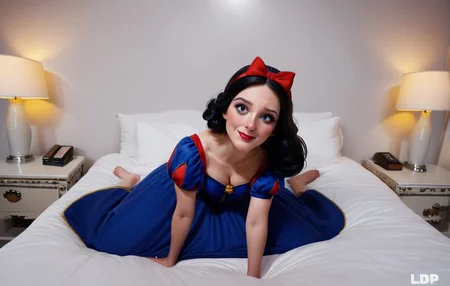 score_9, score_8_up, score_7_up, score_6, score_5, score_4, source_cartoon, realistic <lora:princess_rc_pony_v2:0.8>princess Snow White, 1girl, plump<lora:LDP_1.5:1>l0r4d0p0rn,rating_safe,bed, lamp, tight clothes , barefoot, on bed, leaning forward, looking at viewer, nervous smile, <lora:Expressive_H-000001 - Copy:0.55> Expressiveh, \LDP\ logo