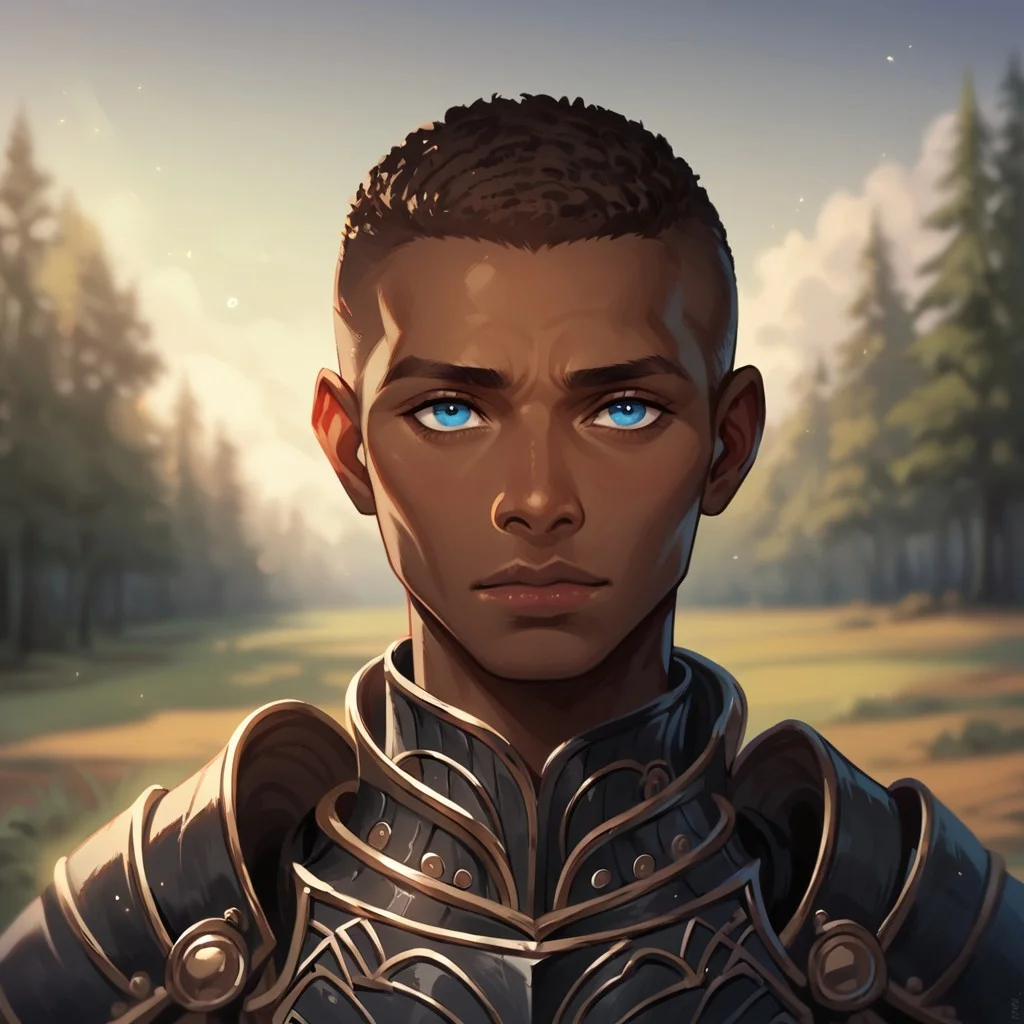 (((detailed, beautiful, high quality))), score_9, score_8_up, score_7_up, upper body,
(depth of field, dynamic lighting),
human,
1 male, african appearance, sky blue eyes, brown hair, black armor,
looking at the viewer, posing,
blurred background, fantasy background, dark background, forest,