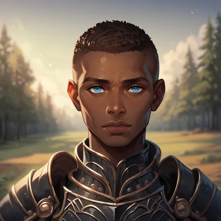 (((detailed, beautiful, high quality))), score_9, score_8_up, score_7_up, upper body,
(depth of field, dynamic lighting),
human,
1 male, african appearance, sky blue eyes, brown hair, black armor,
looking at the viewer, posing, 
blurred background, fantasy background, dark background, forest,