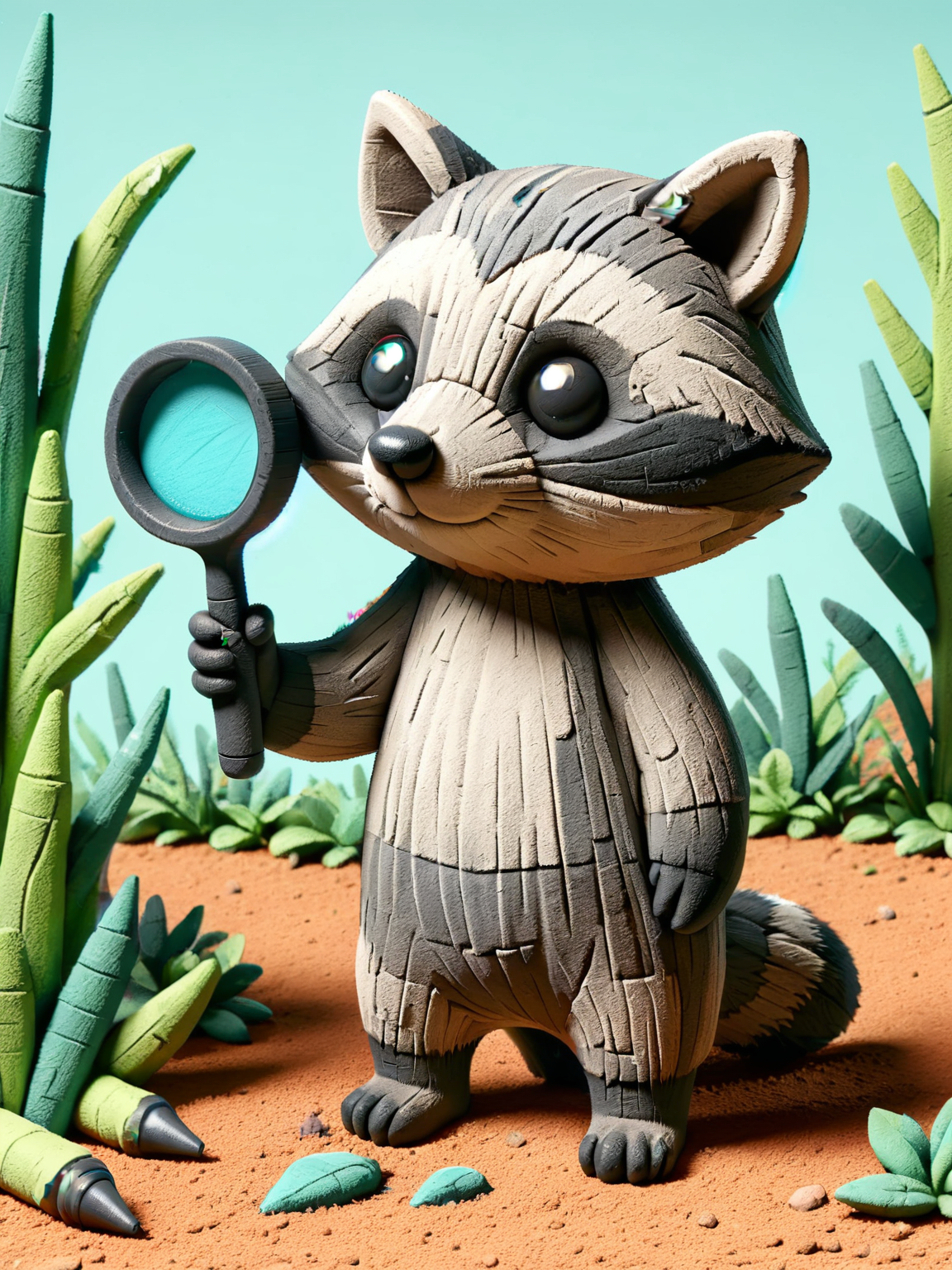 A curious ais-crayz raccoon,with a magnifying glass,exploring the garden <lora:Kids_Crayon_Style_SDXL:1>