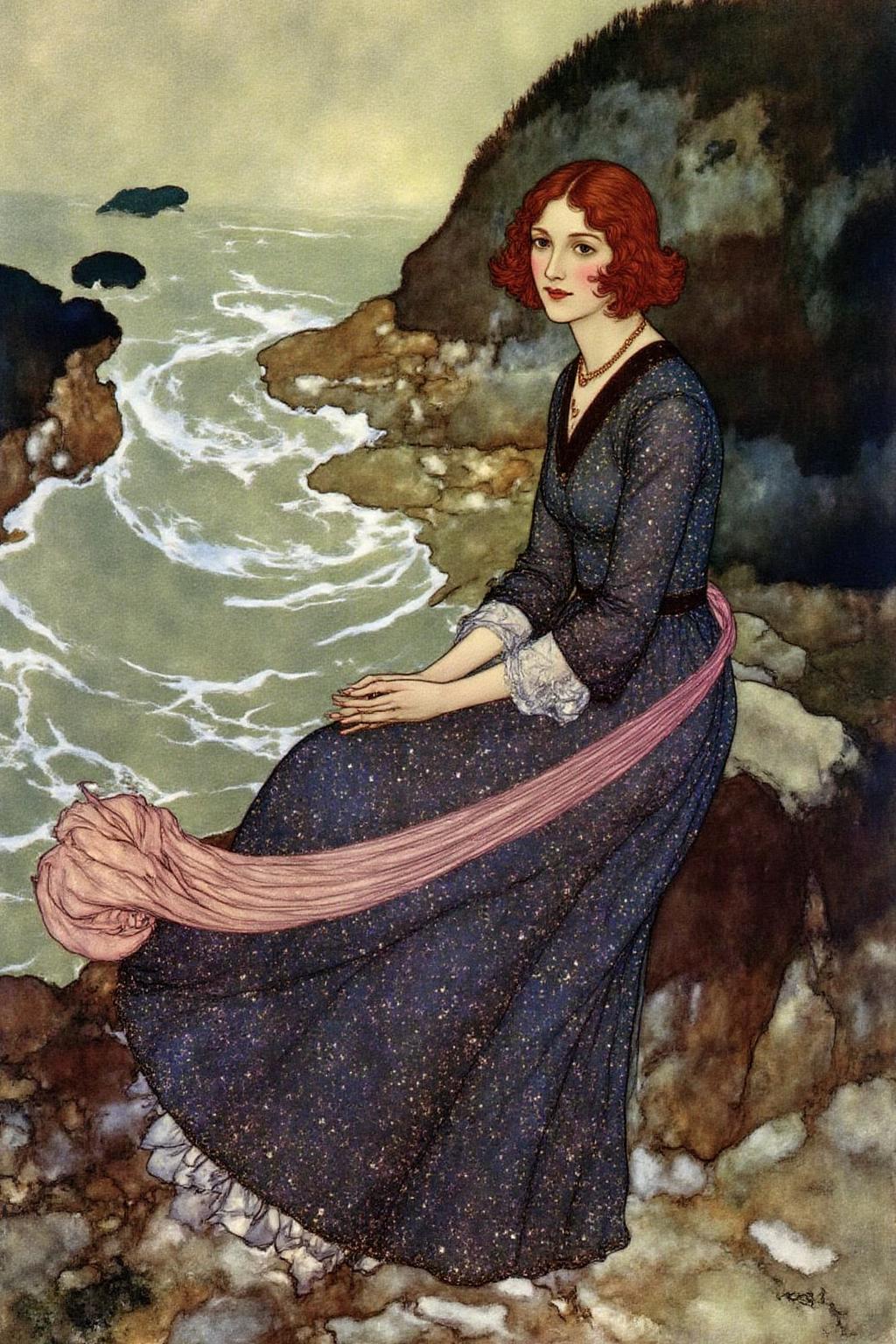 dulac1 illustration. 
A woman with a serene expression, sitting on a rocky shore. She has wavy, shoulder-length red hair and is dressed in a long, dark blue dress adorned with intricate, stylized floral patterns. The dress has a flowing, almost ethereal quality, with a delicate, sheer pink shawl draped over her left shoulder and arm. The woman's gaze is directed slightly downwards and to her left, adding a contemplative mood to the scene.
The background features a rugged, rocky coastline with the sea visible in the distance.
 <lora:dulac2_cap_d6a3e15:1.0><lora:816502720958596781:0>