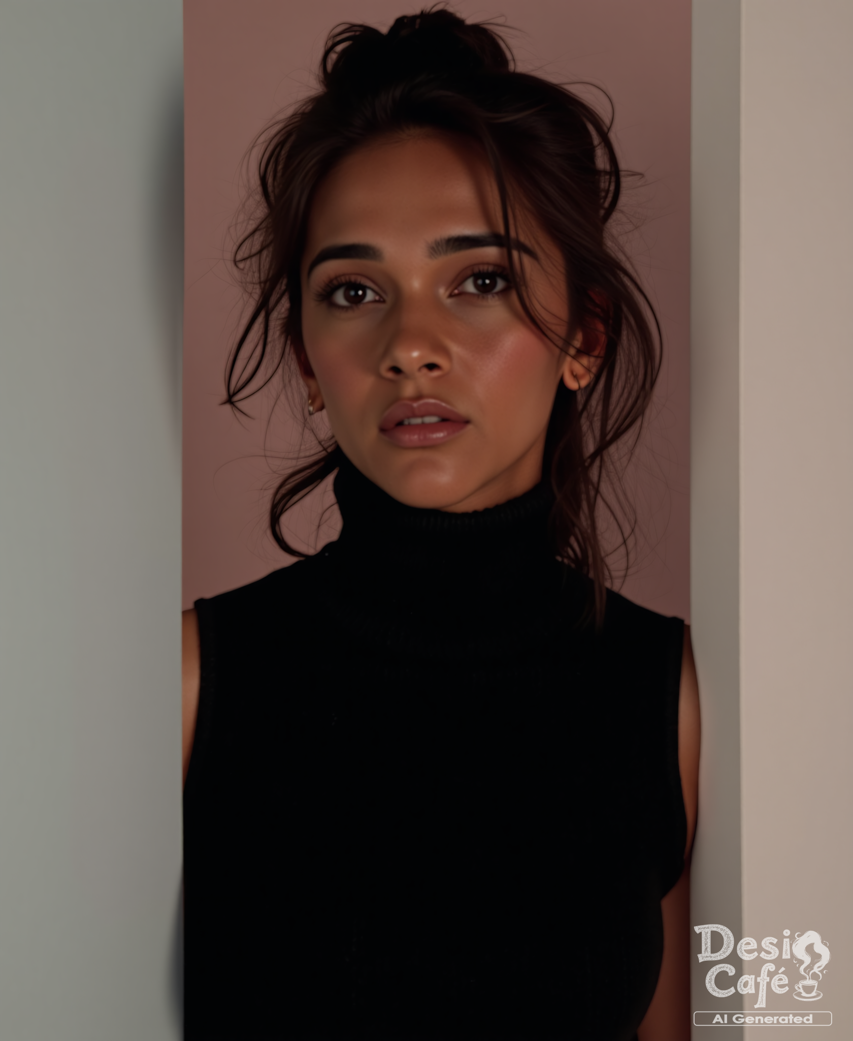 headshot photo of tara sharma woman, hyper realistic photo that is safe for work,  studio quality image with natural colors, well dressed wearing intricate sleeveless Black turtleneck sweater, hair styled as  messy hair,muted pastel shaded multicolored background that contrasts with the person, cinematic lighting,ââ    <lora:Tara_Sharma_Flux_Kohya_V1:1>âââ