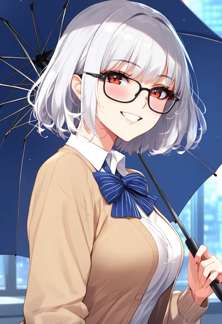 <lora:CYR 0.3v:1.1>,
1girl, solo, smile, glasses, looking at viewer, red eyes, short hair, blush, bangs, shirt, bow, school uniform, upper body, breasts, white shirt, bowtie, black-framed eyewear, looking to the side, collared shirt, long sleeves, grin, from side, umbrella, cardigan, blue bow, light particles, grey hair, white hair, striped bow, parted lips, medium breasts