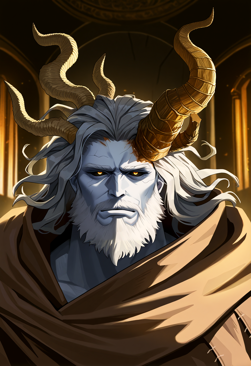 very awa, masterpiece, best quality, year 2024, newest, highres, absurdres, <lora:age_slider_v4:3> <lora:thicc_v1.4-pony:1.2>,detailed_background,indoors,asymmetrical horns,male focus,elden ring,mismatched horns,mutton chops,grey skin,monster boy,yellow eyes,colored skin,solo,highres,robe,black sclera,broken horn,grey hair,rags,1boy,brown robe,horns,colored sclera,aisendraw,portrait,morgott the omen king,curled horns,margit the fell omen