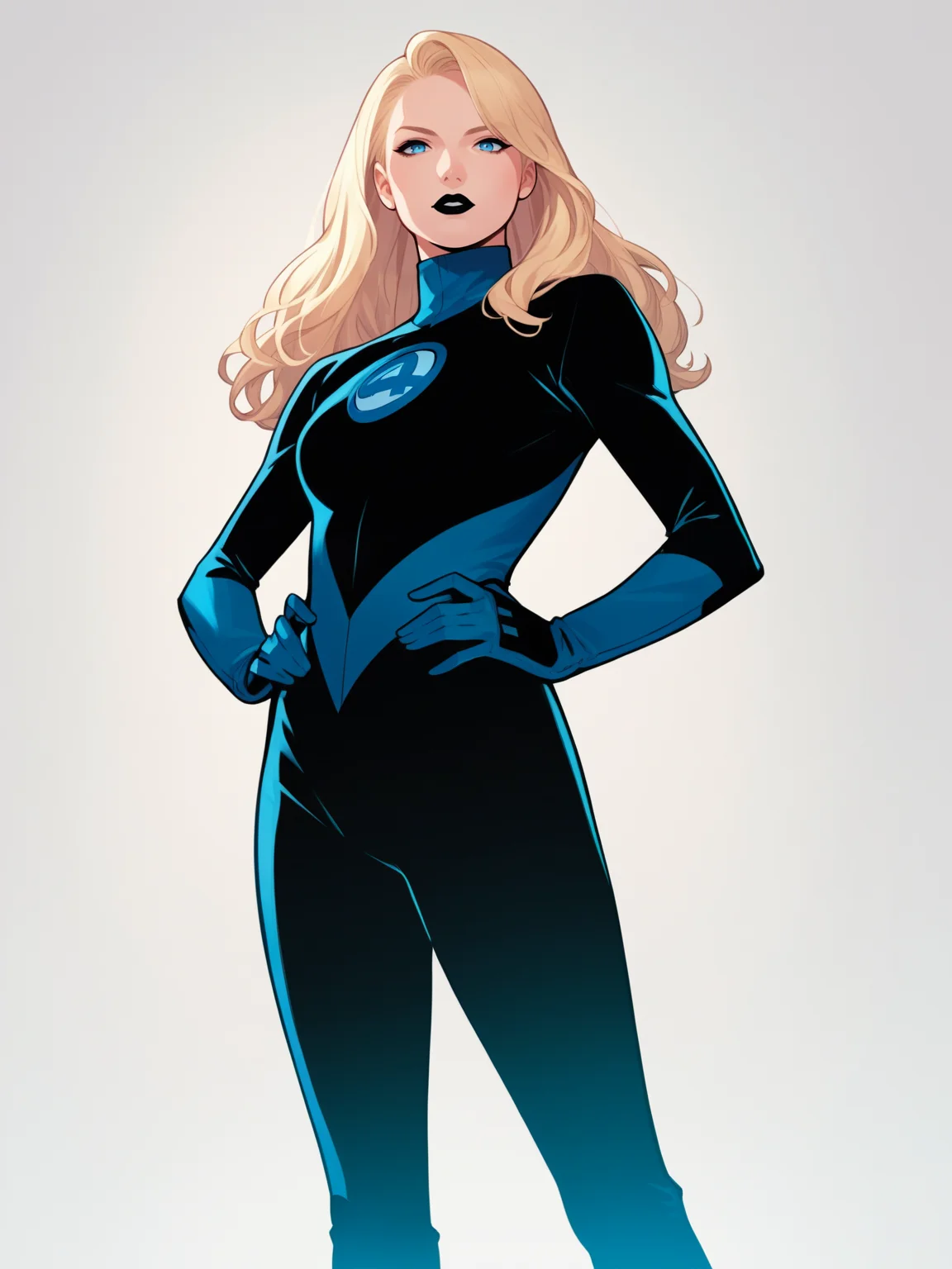 score_9, score_8_up, score_7_up, score_6_up, score_5_up, score_4_up, BREAK, source_anime,
1girl, susanrichards, blonde hair, long hair, blue eyes, makeup, black lips,
black bodysuit, blue turtleneck, gloves, boots,
hands on hips, looking at viewer, standing, full body, looking at viewer, solo, simple background, white background <lora:SusanRichardsXL:1>