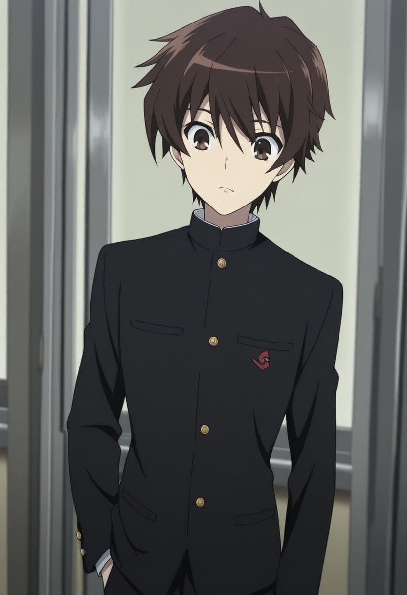 masterpiece,best quality,amazing quality, source_anime,
KoichiSakakibara, 1boy, male focus, solo, brown eyes, brown hair, school uniform, gakuran, jacket, black jacket, buttons,