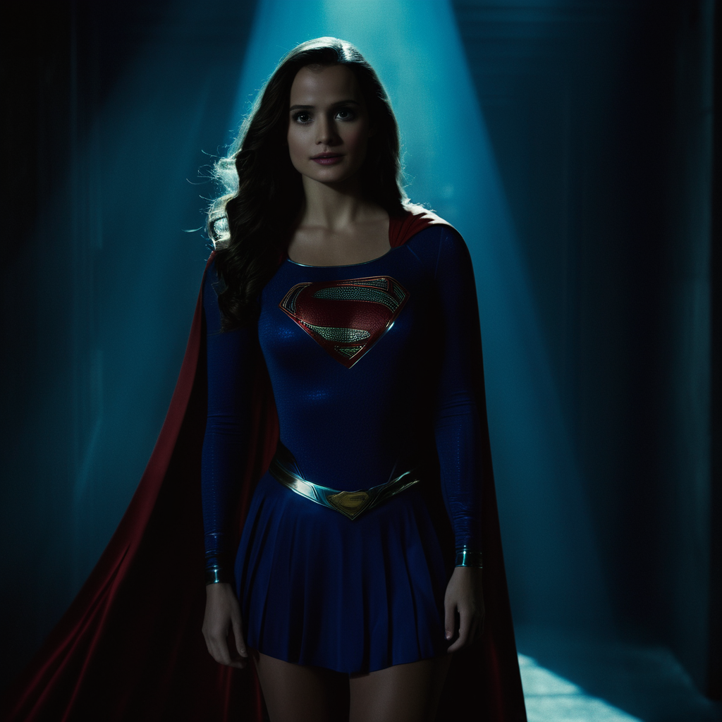 cinematic film still of  <lora:Superman v2:1>
Kal-El, Kryptonian, Man of Steel, Superman a woman dressed as a superman standing in a dark room,1girl,solo,long hair,skirt,brown hair,cape,glowing,parody,realistic,retro artstyle,superhero, shallow depth of field, vignette, highly detailed, high budget, bokeh, cinemascope, moody, epic, gorgeous, film grain, grainy