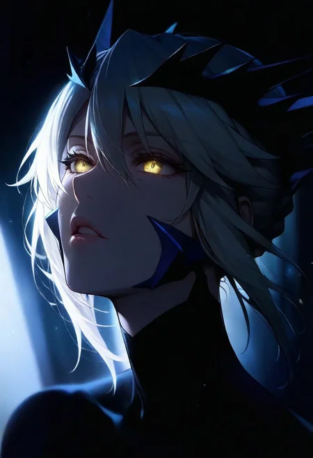 1girl, artoria lancer alter, solo, dark, light, the light illuminates part of the face, masterpiece, best quality, very aesthetic, close up,  parted lips