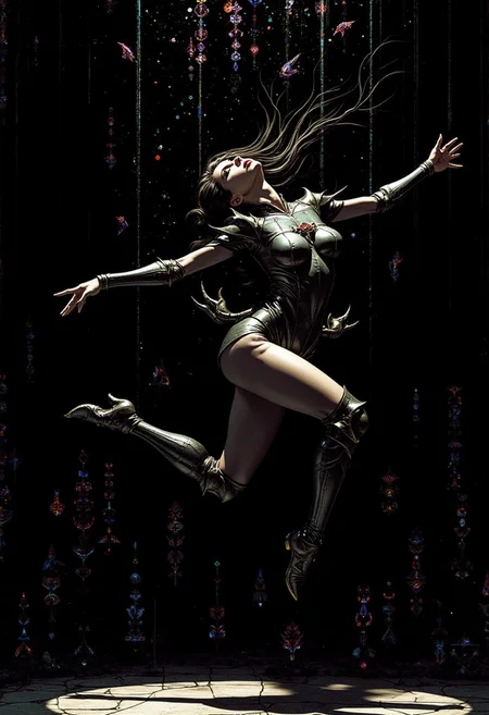 slender long-legged Japanese woman striking an extraordinary, eccentric pose reminiscent of the iconic character stances from Hirohiko Araki famous manga JoJo's Bizarre Adventure. Her posture exudes the bold and confident essence of a fashion model, with exaggerated angles and a dynamic, artistic flair. The image captures the elegance and uniqueness of the model, blending fashion and anime-inspired aesthetics, making it both striking and avant-garde, black background filled with holographic grid of patterned figures, drkfnts style,