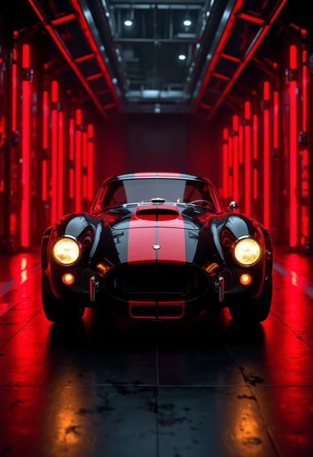 "A hyper-realistic front view of a classic black sports car with bold red racing stripes running down the center of its hood, roof, and bumper. The car is placed in a dramatic and futuristic setting with alternating vertical black and red illuminated lines extending from the floor to the background walls, creating a sleek and dynamic visual effect. The vehicle features round, glowing yellow headlights, a low-slung body design, and intricate detailing on the grille and front bumper. The glossy black paint reflects the vibrant red lights from the environment, enhancing the contrast. The setting has a polished floor with the red and black stripe pattern continuing seamlessly, emphasizing symmetry and depth. The overall mood is intense, bold, and modern, perfect for showcasing the elegance and power of the car."