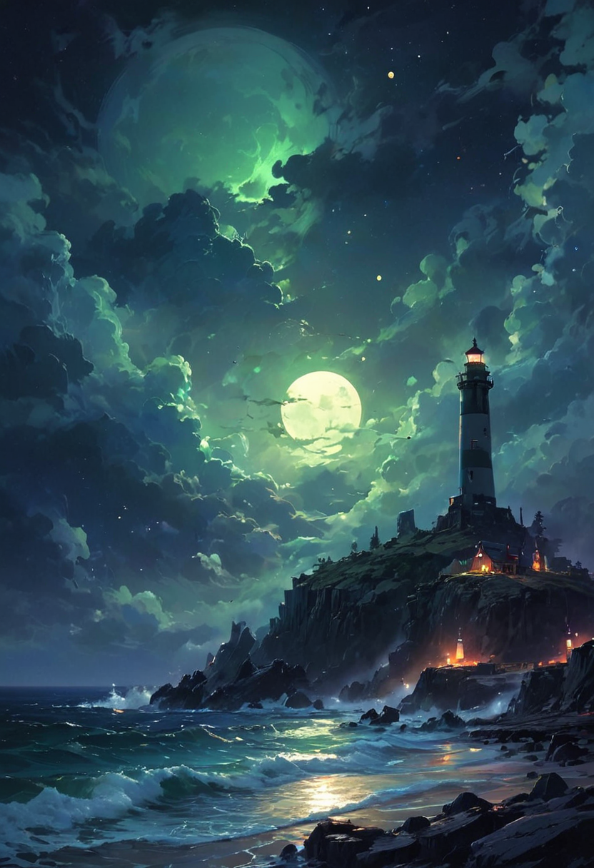 Under the eerie glow of a full moon, a dark and ominous landscape unfolds. A vibrant, colorful ship stands by the edge of a serene ocean, its vivid hues contrasting starkly with the foreboding atmosphere. In the background, a lighthouse stands atop jagged rocks, its light cutting through the darkness and reflecting off the ocean's surface, glistening in the moonlight. Thick, swirling clouds loom overhead, adding to the sense of an evil presence. The moonlight filters through the clouds, casting an otherworldly glow over the scene. A falling star streaks across the sky, adding a touch of mysticism to the night. The air is thick with a sense of ancient secrets and dark magic, as if the very night is alive with hidden power.  [romantic impressionism,dream scenery art,beautiful oil matte painting,romantic,style of thomas kinkade,beautiful digital painting,anime landscape,romantic painting,dreamlike digital painting,colorful painting,beautiful gorgeous digital art,style of greg rutkowski,janek sedlar,jenny saville:0]  <lora:vivid_everclear:0.6>  <lora:Sinozick:1>