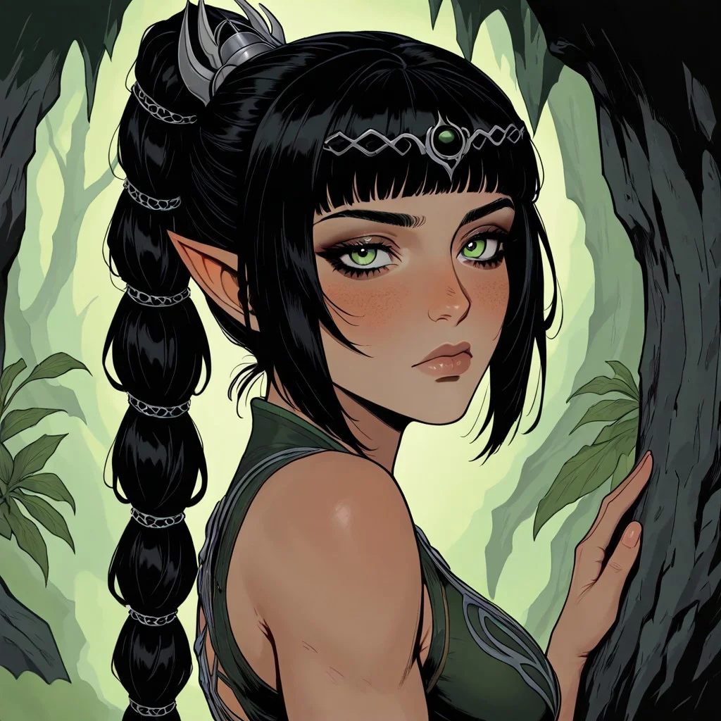 masterpiece, best quality, newest, absurdres, highres, FCMXV1.0, 1girl, shadowheart \(baldur's gate\), long braid, elf, pointy ears, black hair, braid, side bangs, green eyes,