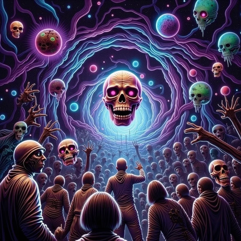 psychedelic style concept art Dark Fantasy Art, <lora:Undead Apocalypse v1:1> und34dpsy, a zero-gravity rave happening inside a spinning wormhole, hosted by interdimensional deadites wearing chrome robes. The DJ is a floating skull in a jar. Attendees include psychedelic skeletons, zombie astronauts, and mutated alien groupies. Colors bend and smear, everything floats, and beat drops cause physical ripples in space. Scene loops seamlessly with animated space dust and twitchy camera pans., dark, moody, dark fantasy style . digital artwork, illustrative, painterly, matte painting, highly detailed . vibrant colors, swirling patterns, abstract forms, surreal, trippy