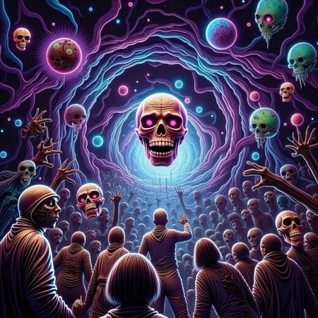 psychedelic style concept art Dark Fantasy Art, <lora:Undead Apocalypse v1:1> und34dpsy, a zero-gravity rave happening inside a spinning wormhole, hosted by interdimensional deadites wearing chrome robes. The DJ is a floating skull in a jar. Attendees include psychedelic skeletons, zombie astronauts, and mutated alien groupies. Colors bend and smear, everything floats, and beat drops cause physical ripples in space. Scene loops seamlessly with animated space dust and twitchy camera pans., dark, moody, dark fantasy style . digital artwork, illustrative, painterly, matte painting, highly detailed . vibrant colors, swirling patterns, abstract forms, surreal, trippy