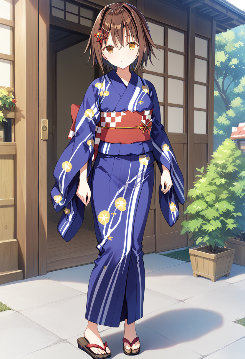 standing, full body, <lora:KC_03HC_furutaka_pony-000015:1>furutaka-kc, brown hair, short hair, brown eyes, yellow eyes, heterochromia, 
furutakayukata-kc, blue_kimono_obi_sash, blue yukata, print yukata, striped yukata, sandals, obi, sash,, score_9,score_8_up, score_7_up, source_anime, masterpiece, best quality,  official art, official style, game cg, megami magazine, rating_safe, rating_questionable, <lora:Fixhands_anime_bdsqlsz_V1:0.75>,